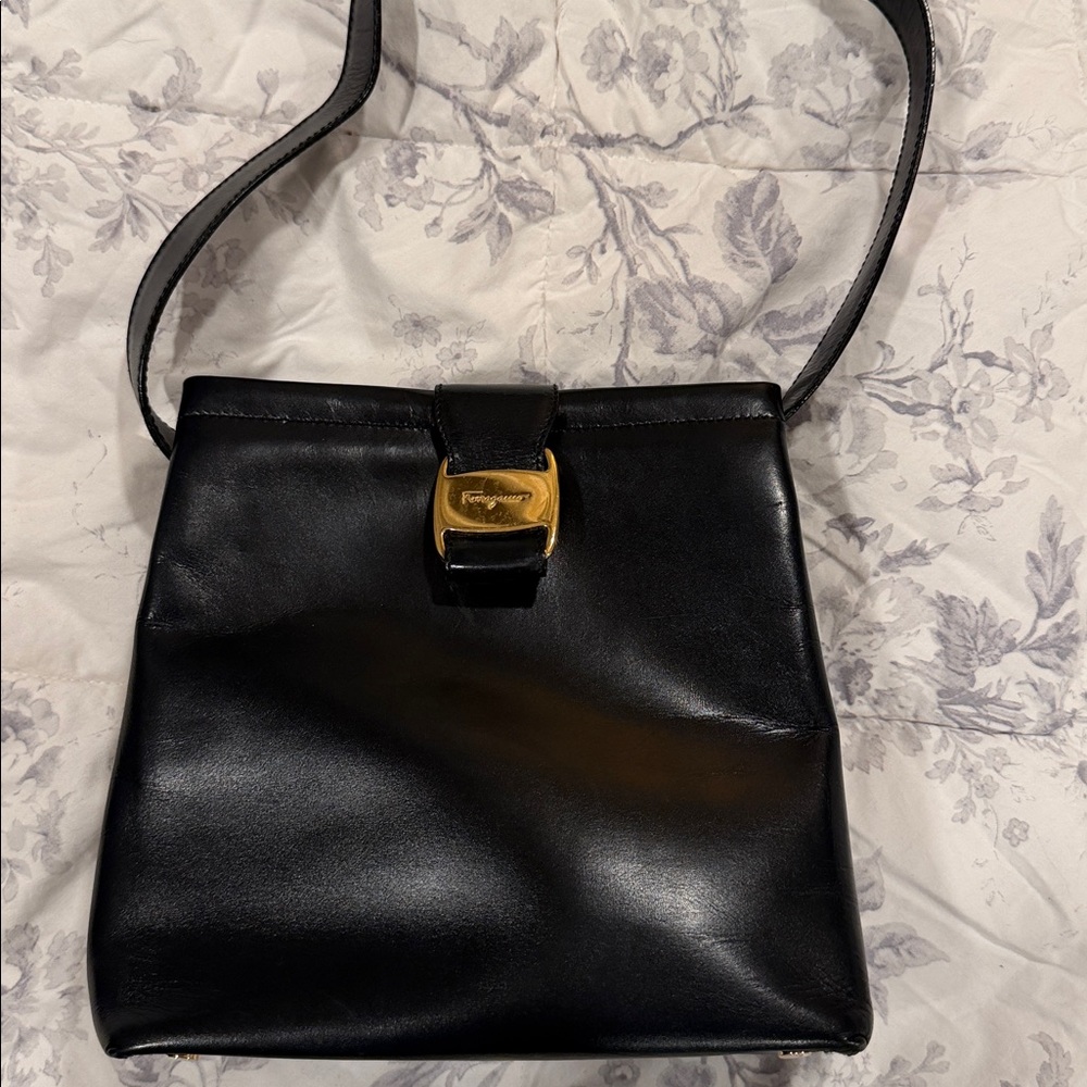 Salvatore Ferragamo Blue Black Leather Bag with Gold accents